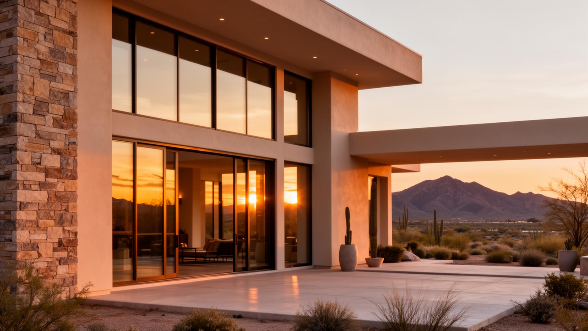 Luxury modern Arizona home with large architectural windows at sunset